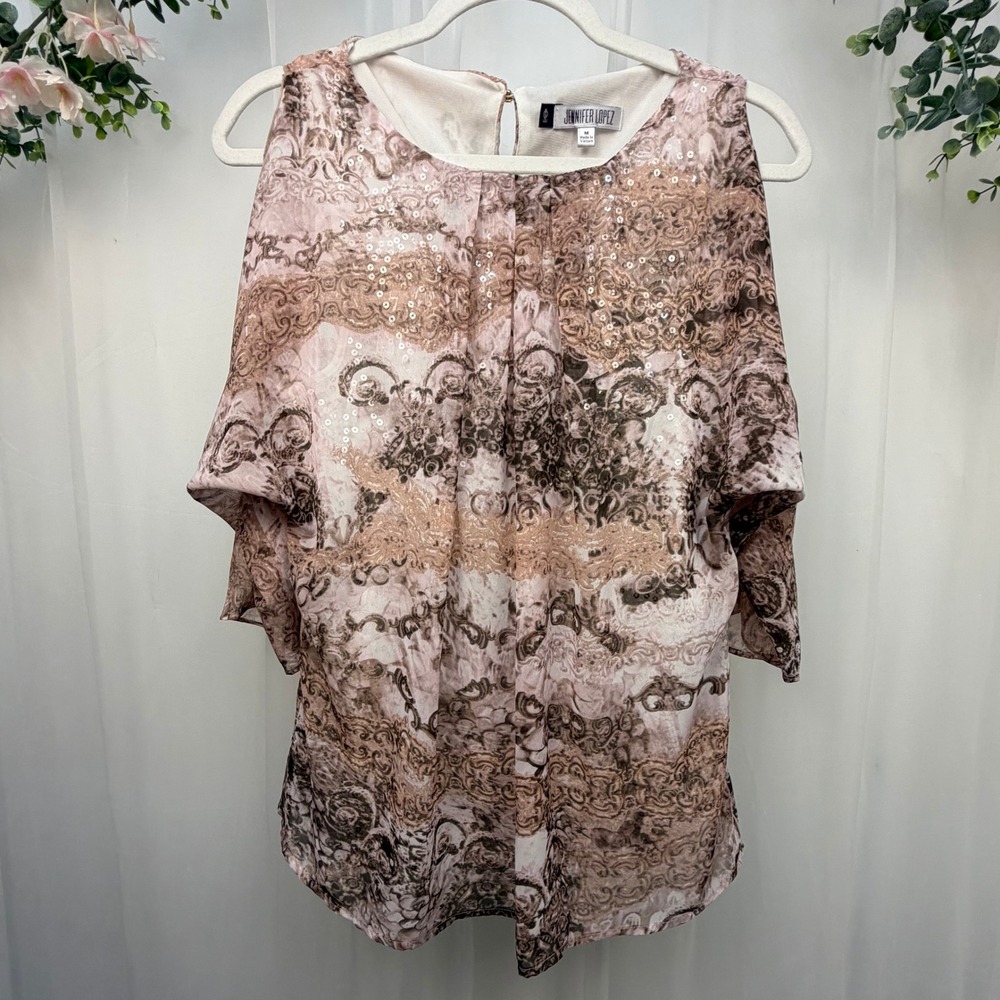 Jennifer Lopez Women Brown Scroll Print Sequin Cold Shoulder Blouse Top Medium